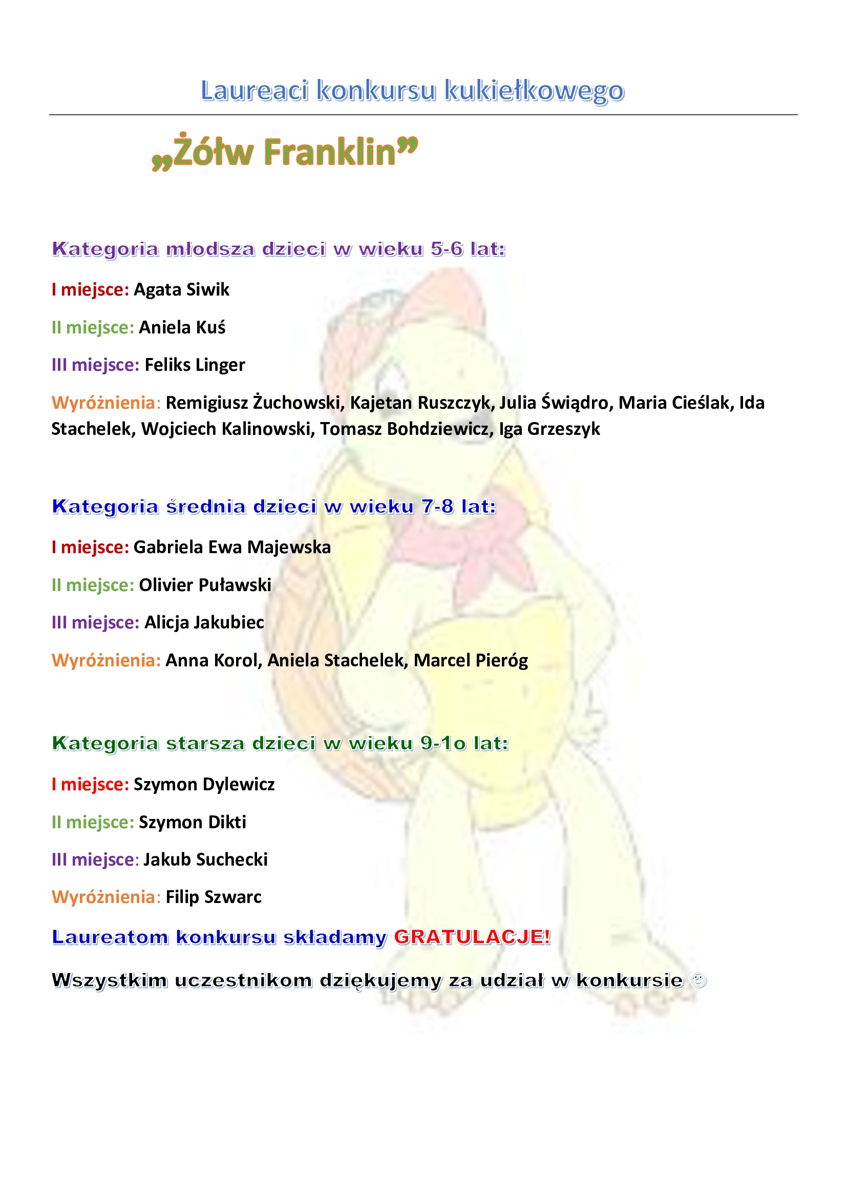 Laureaci konkursu kukiełkowego "Żółw Franklin"