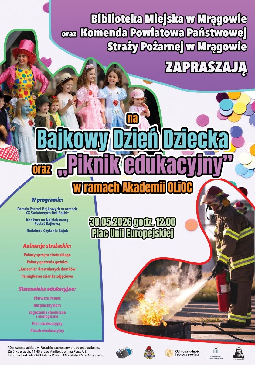 Bajkowy Dzień Dziecka z Biblioteką Miejską oraz Komendą Powiatową PSP w Mrągowie - retro parada postaci bajkowych 